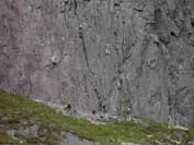 View of climbers on Rannoch Wall from the Curved Ridge